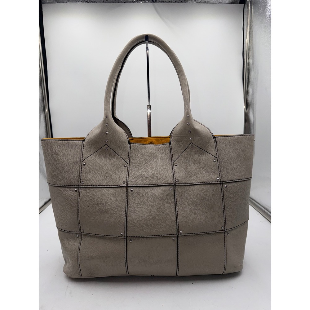 Oryany Taupe Grey Pebble Leather Studded Tote Bag Yellow Interior